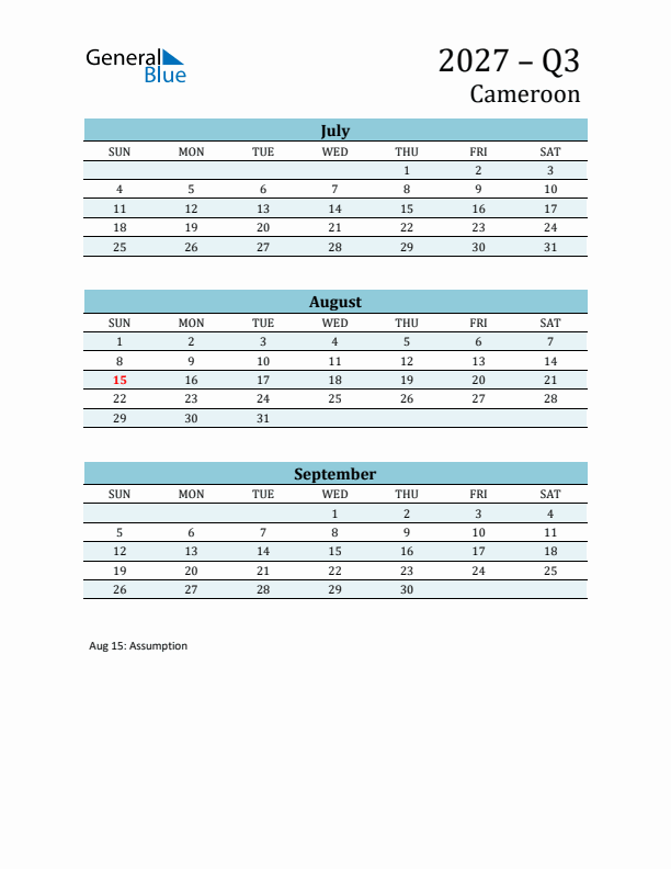 Three-Month Planner for Q3 2027 with Holidays - Cameroon