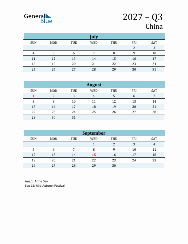 Three-Month Planner for Q3 2027 with Holidays - China