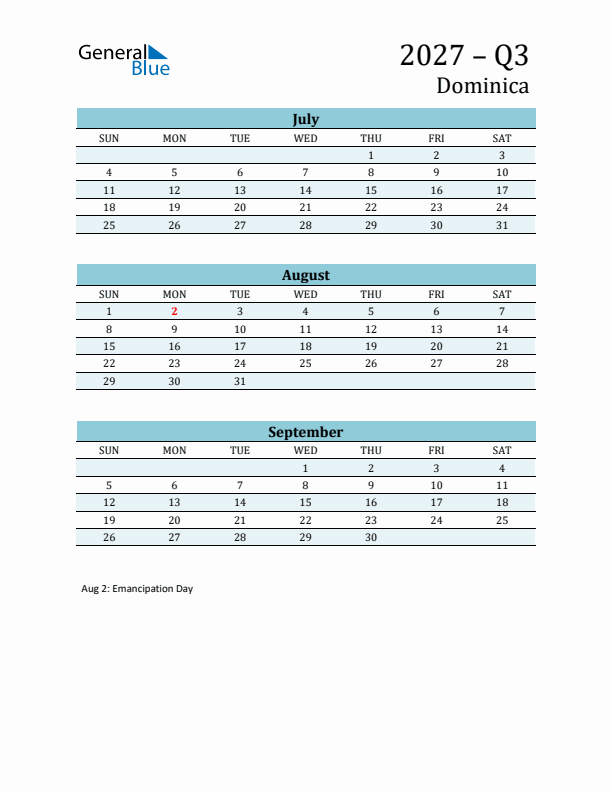 Three-Month Planner for Q3 2027 with Holidays - Dominica