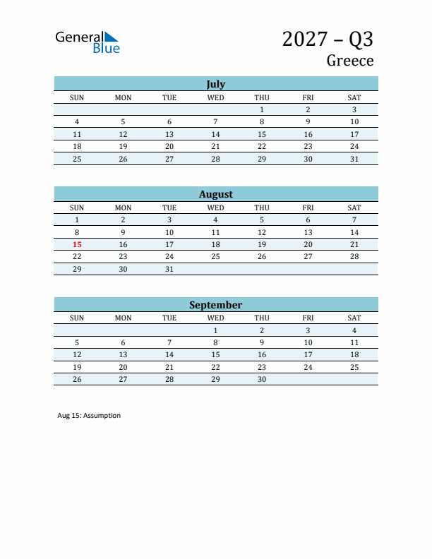 Three-Month Planner for Q3 2027 with Holidays - Greece