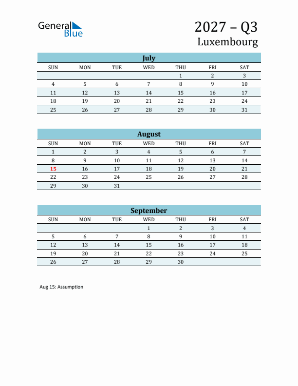 Three-Month Planner for Q3 2027 with Holidays - Luxembourg