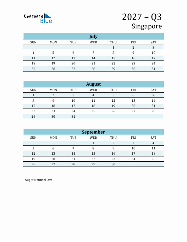 Three-Month Planner for Q3 2027 with Holidays - Singapore