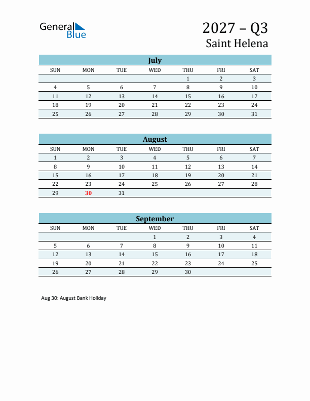 Three-Month Planner for Q3 2027 with Holidays - Saint Helena