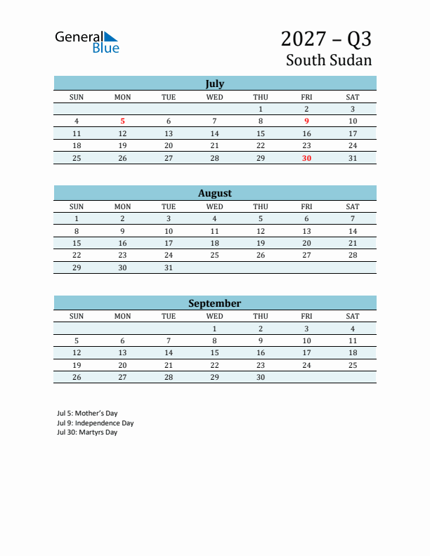 Three-Month Planner for Q3 2027 with Holidays - South Sudan