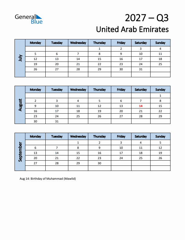 Free Q3 2027 Calendar for United Arab Emirates - Monday Start
