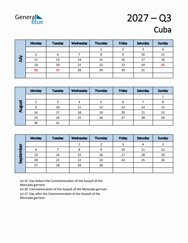 Free Q3 2027 Calendar for Cuba - Monday Start