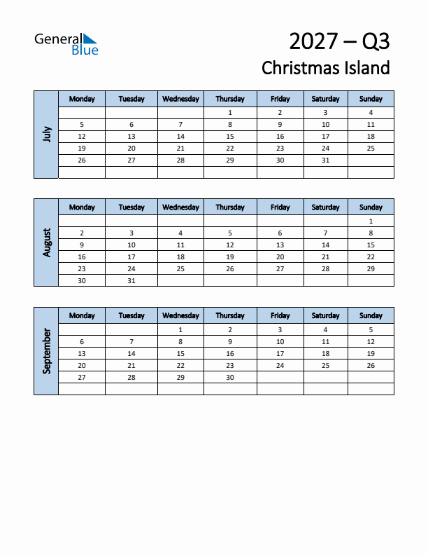 Free Q3 2027 Calendar for Christmas Island - Monday Start