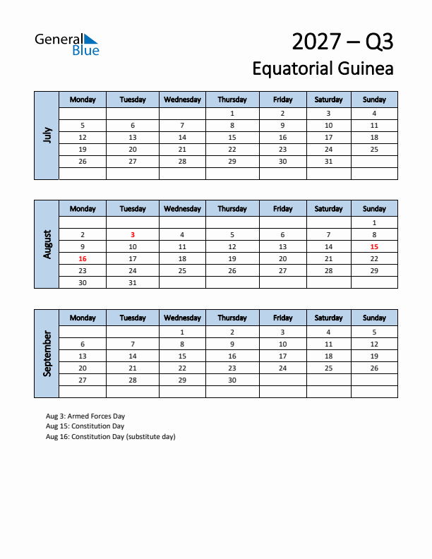 Free Q3 2027 Calendar for Equatorial Guinea - Monday Start