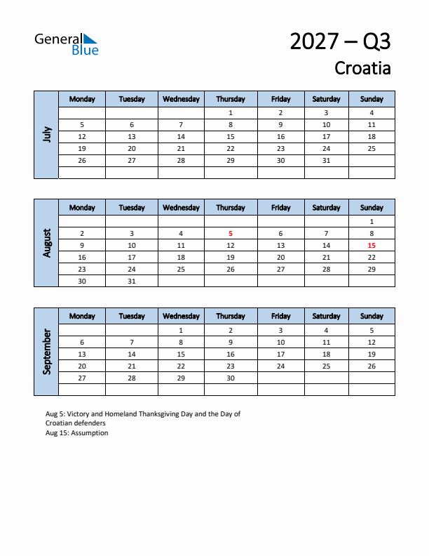 Free Q3 2027 Calendar for Croatia - Monday Start