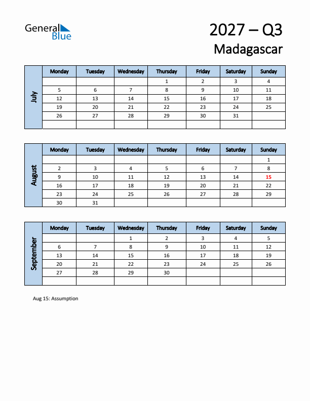 Free Q3 2027 Calendar for Madagascar - Monday Start