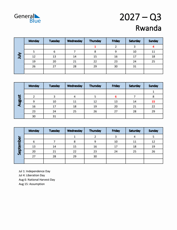 Free Q3 2027 Calendar for Rwanda - Monday Start