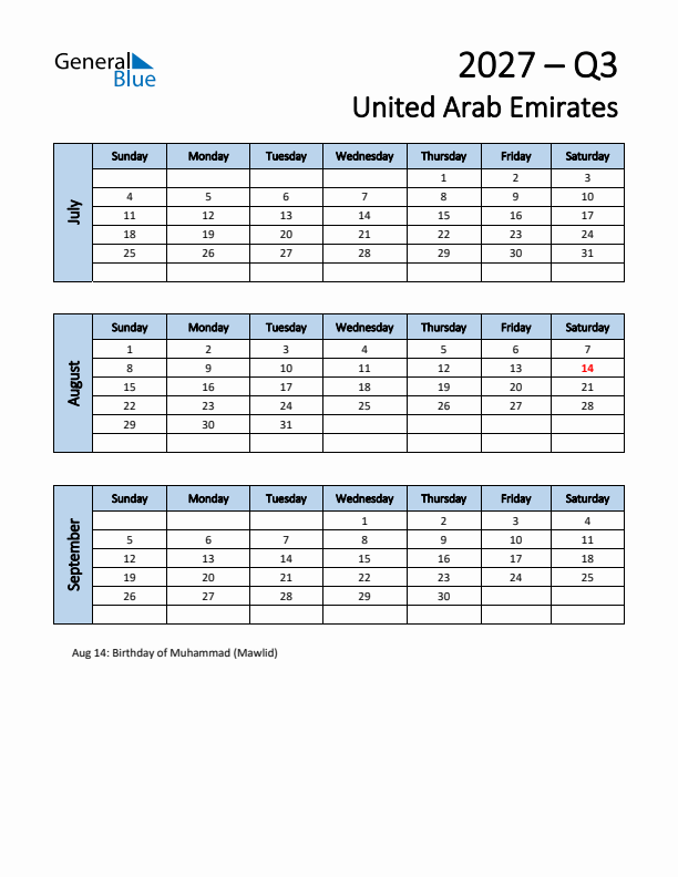 Free Q3 2027 Calendar for United Arab Emirates - Sunday Start
