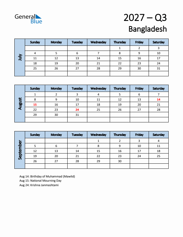 Free Q3 2027 Calendar for Bangladesh - Sunday Start