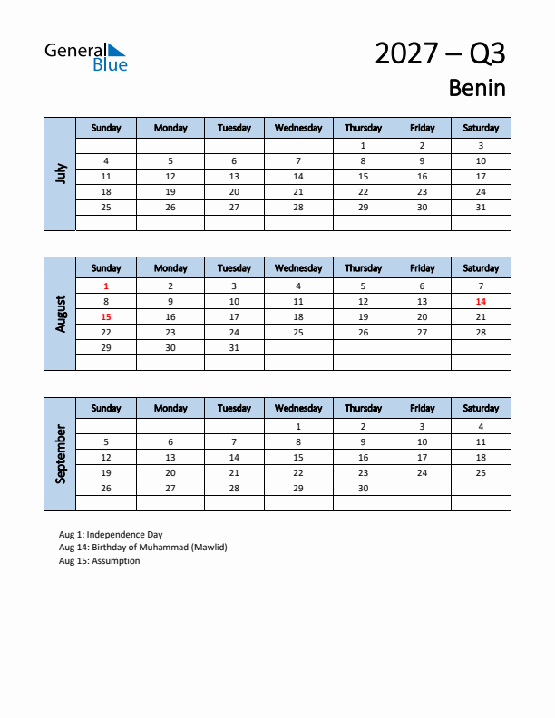 Free Q3 2027 Calendar for Benin - Sunday Start