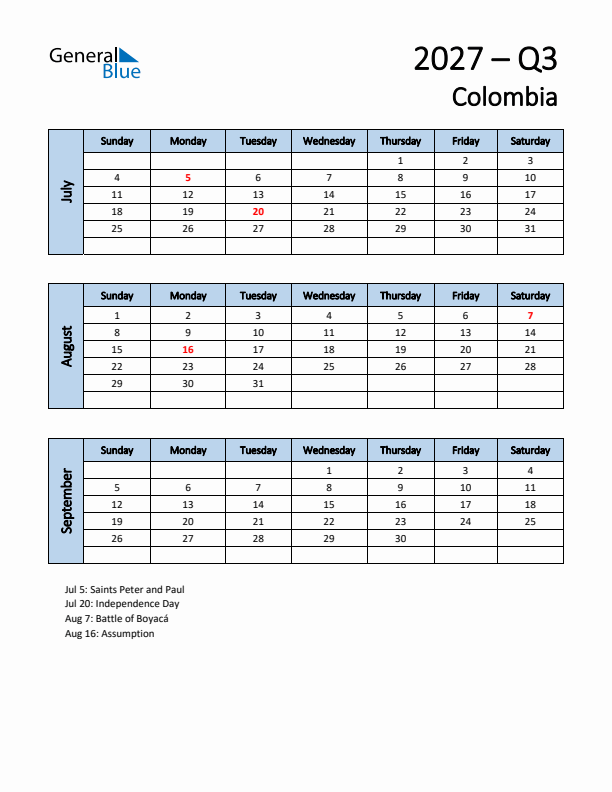 Free Q3 2027 Calendar for Colombia - Sunday Start
