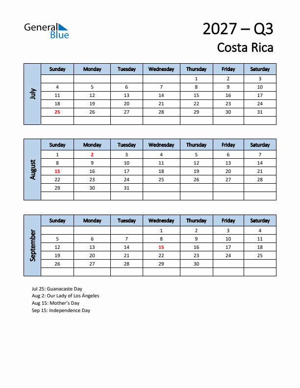 Free Q3 2027 Calendar for Costa Rica - Sunday Start