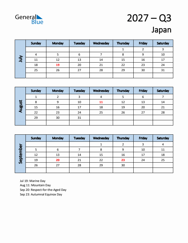 Free Q3 2027 Calendar for Japan - Sunday Start