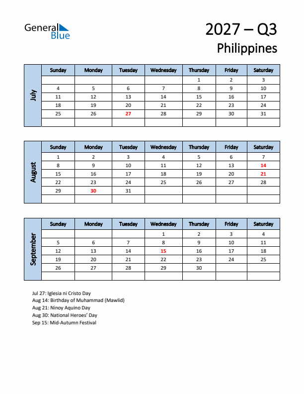 Free Q3 2027 Calendar for Philippines - Sunday Start