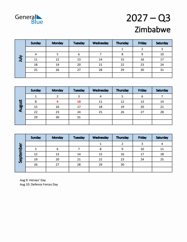 Free Q3 2027 Calendar for Zimbabwe - Sunday Start