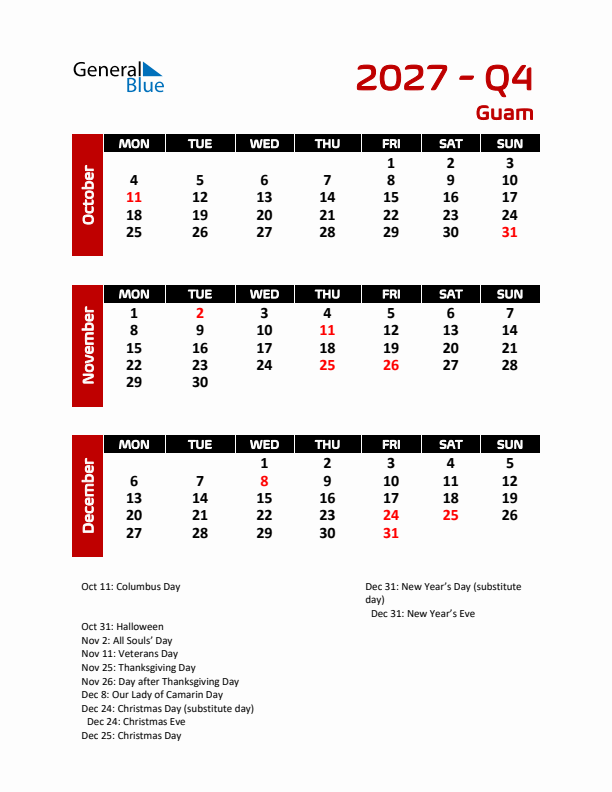 Q4 2027 Calendar with Holidays