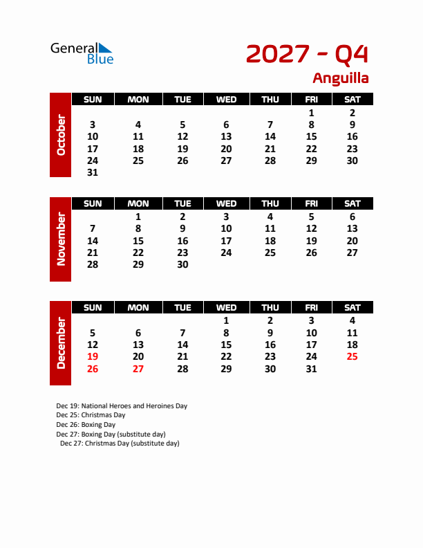 Q4 2027 Calendar with Holidays