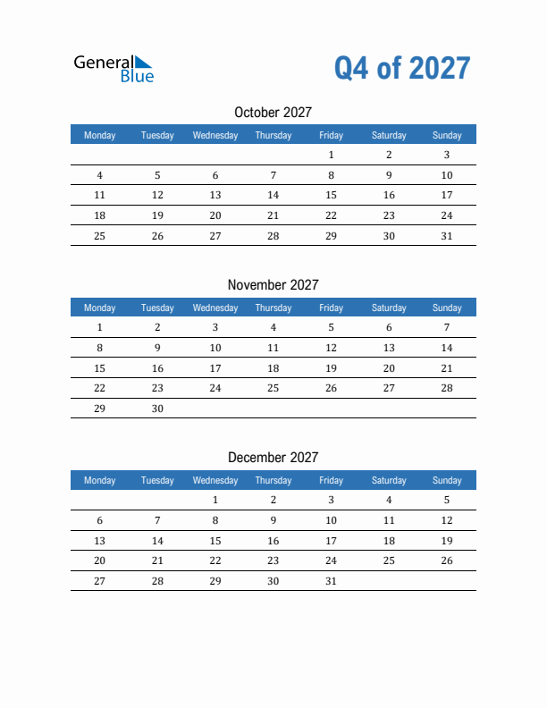 Fillable Quarterly Calendar for Q4 2027