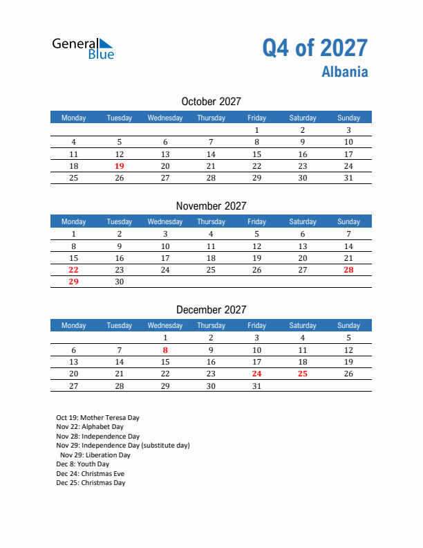 Albania 2027 Quarterly Calendar with Monday Start