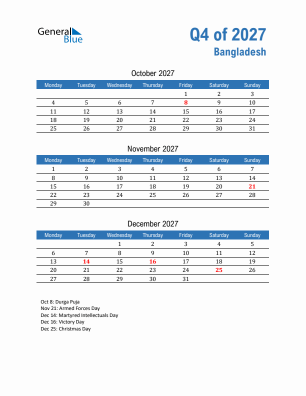 Bangladesh 2027 Quarterly Calendar with Monday Start