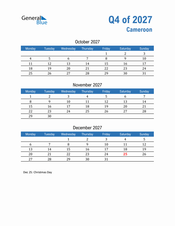 Cameroon 2027 Quarterly Calendar with Monday Start