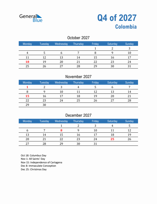 Colombia 2027 Quarterly Calendar with Monday Start