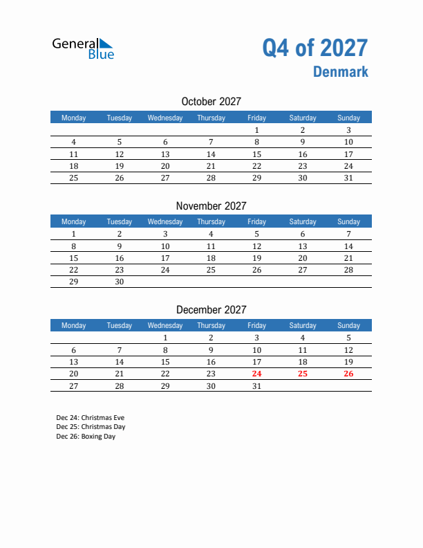 Denmark 2027 Quarterly Calendar with Monday Start