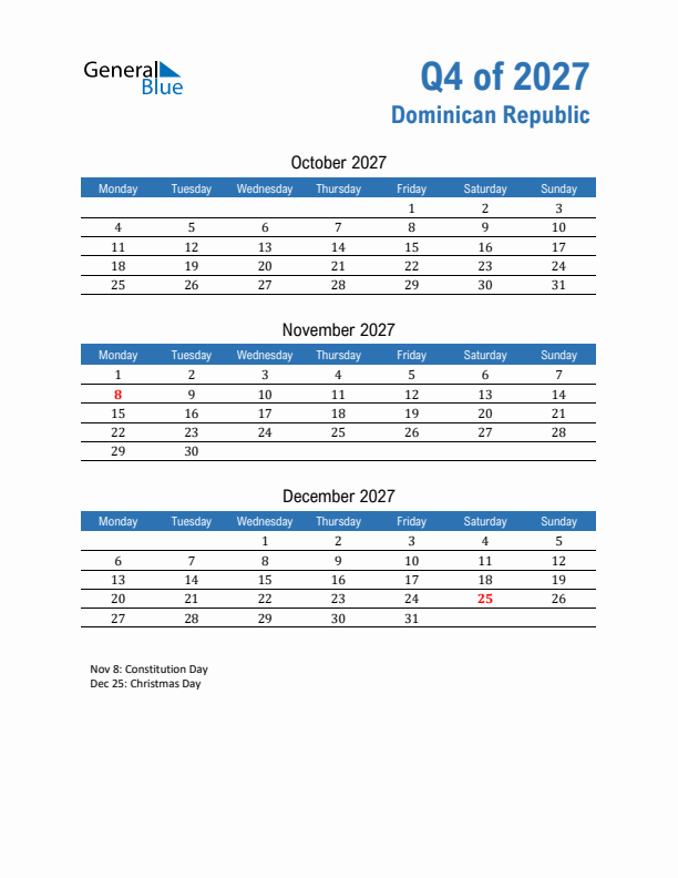 Dominican Republic 2027 Quarterly Calendar with Monday Start