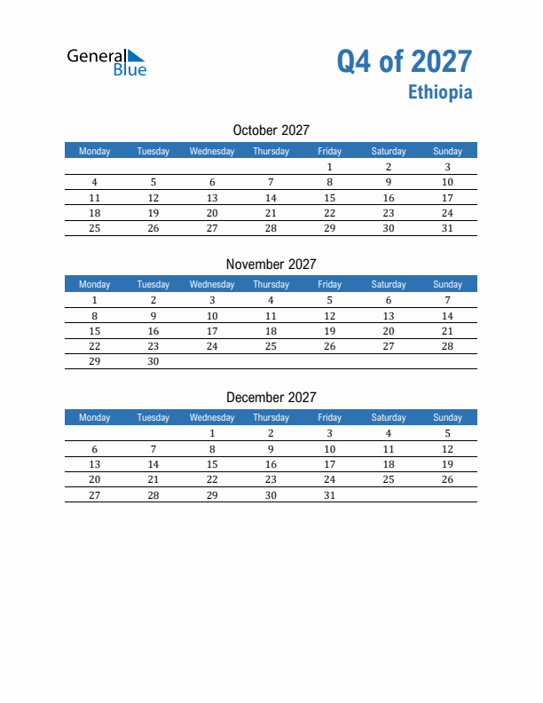 Ethiopia 2027 Quarterly Calendar with Monday Start