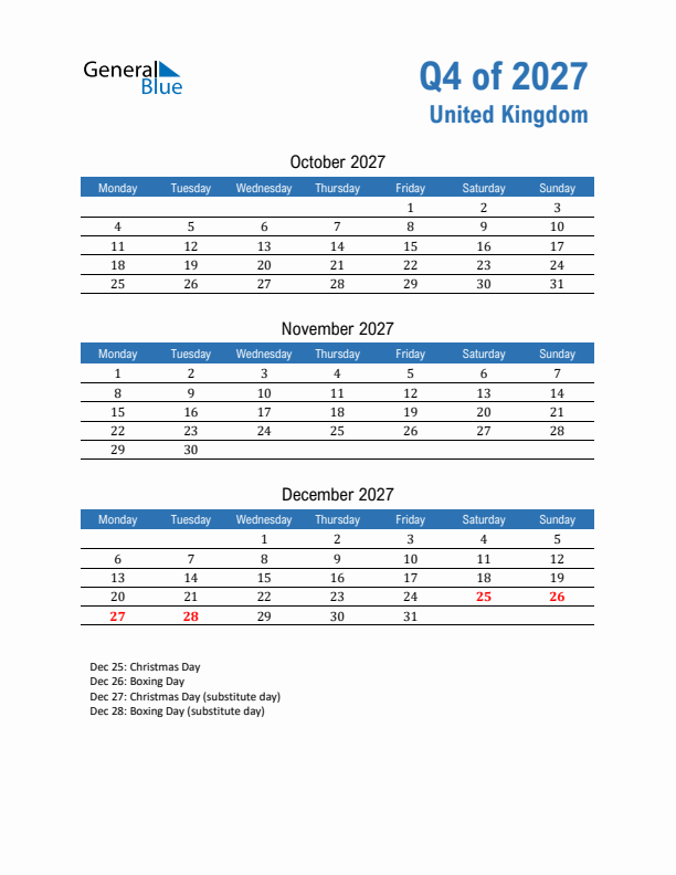 United Kingdom 2027 Quarterly Calendar with Monday Start