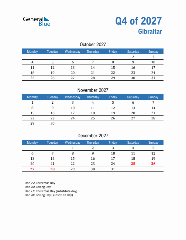 Gibraltar 2027 Quarterly Calendar with Monday Start