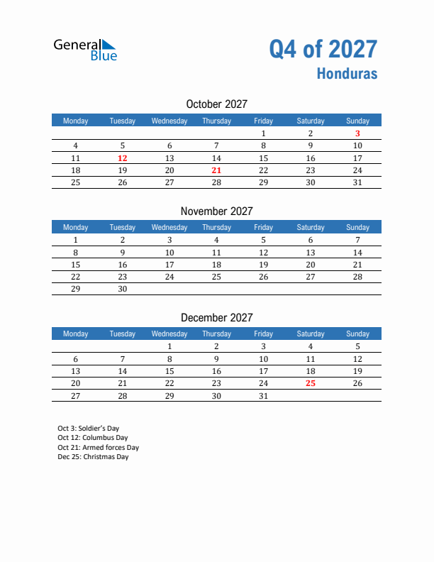 Honduras 2027 Quarterly Calendar with Monday Start