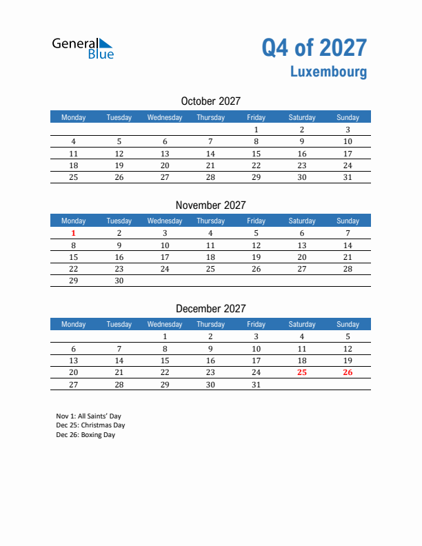 Luxembourg 2027 Quarterly Calendar with Monday Start