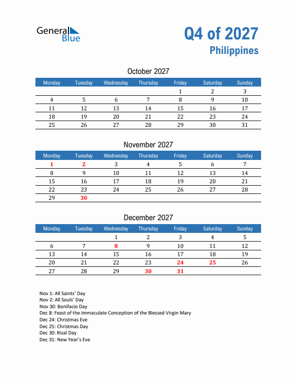 Philippines 2027 Quarterly Calendar with Monday Start