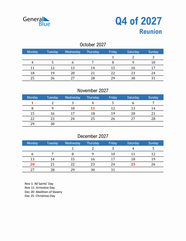 Reunion 2027 Quarterly Calendar with Monday Start