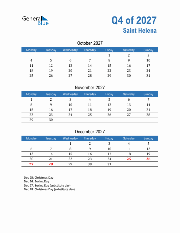 Saint Helena 2027 Quarterly Calendar with Monday Start