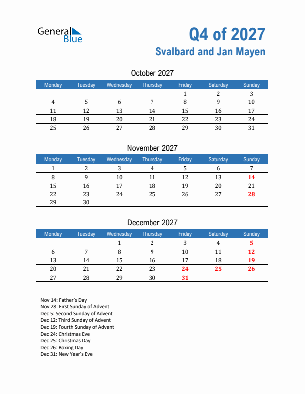 Svalbard and Jan Mayen 2027 Quarterly Calendar with Monday Start