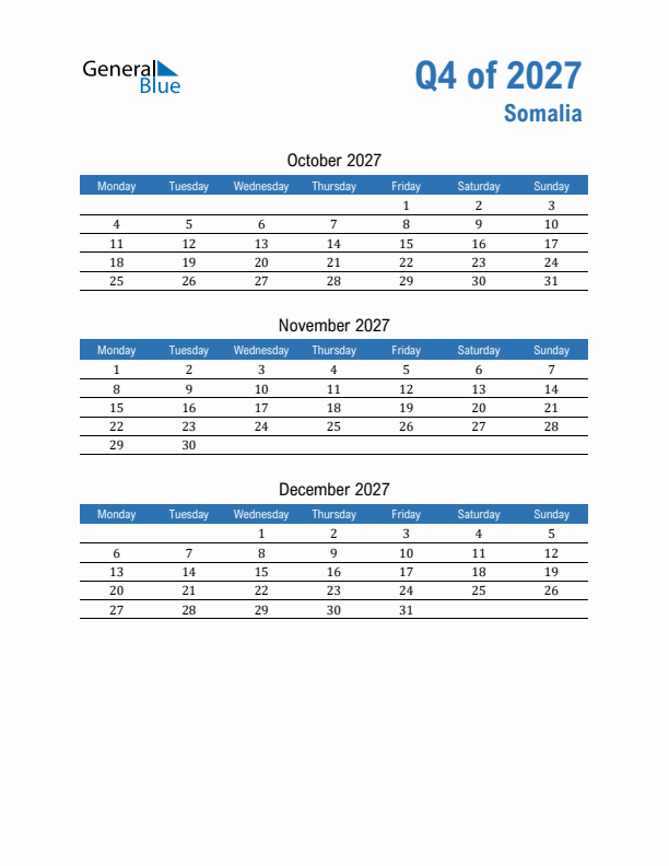 Somalia 2027 Quarterly Calendar with Monday Start