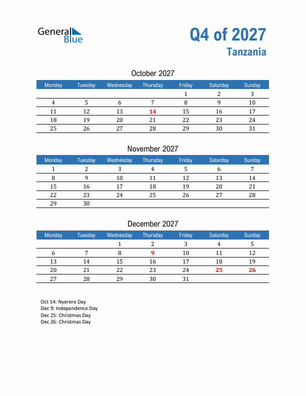 Tanzania 2027 Quarterly Calendar with Monday Start