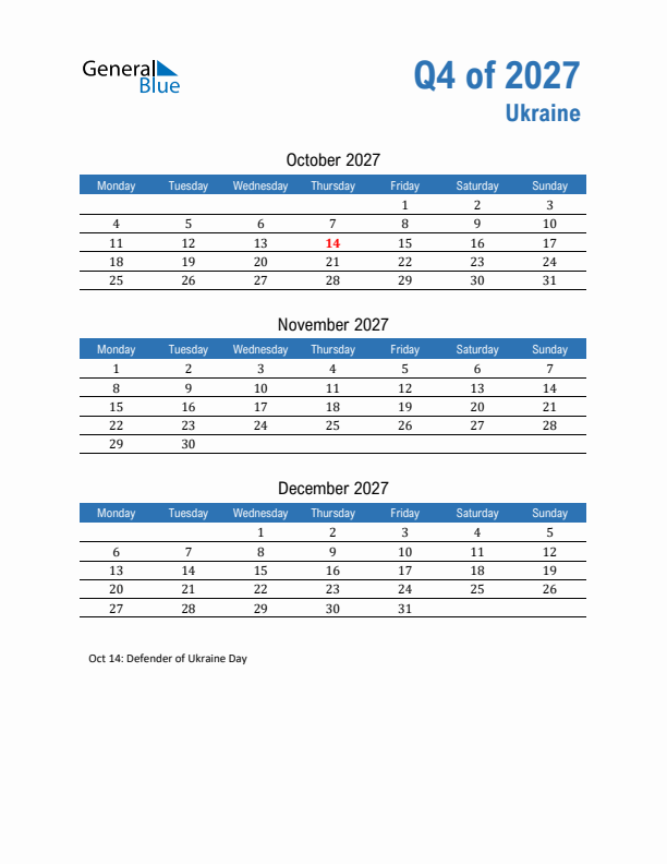 Ukraine 2027 Quarterly Calendar with Monday Start