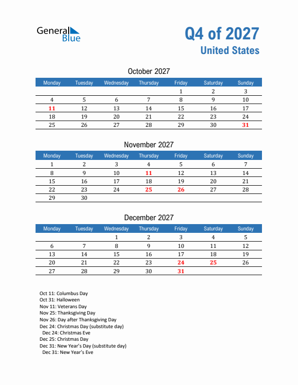United States 2027 Quarterly Calendar with Monday Start