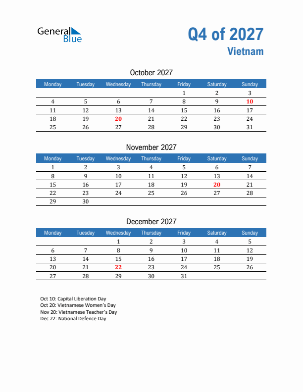 Vietnam 2027 Quarterly Calendar with Monday Start