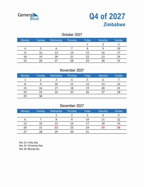 Zimbabwe 2027 Quarterly Calendar with Monday Start