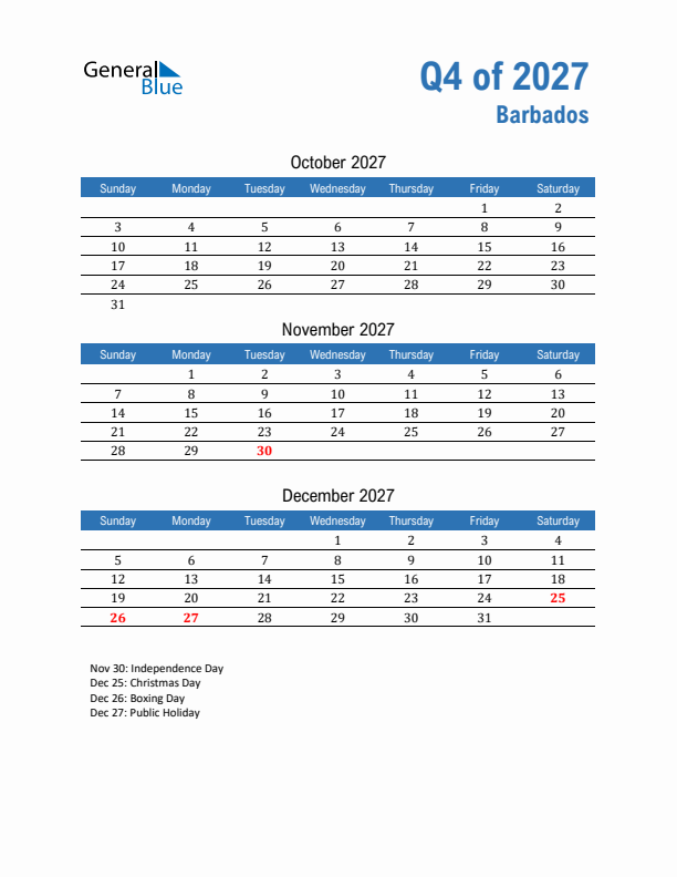 Barbados 2027 Quarterly Calendar with Sunday Start