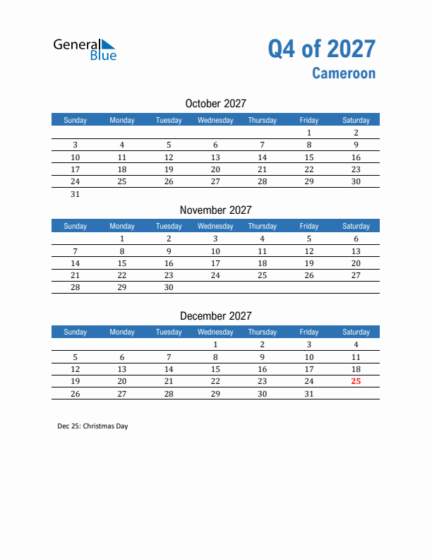 Cameroon 2027 Quarterly Calendar with Sunday Start