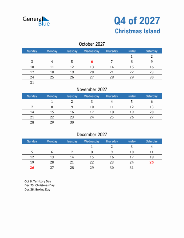 Christmas Island 2027 Quarterly Calendar with Sunday Start